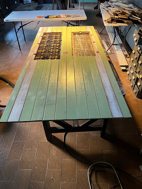 a set of photos showing the rebating, glueing, sanding and painting of a set of wooden doors.
