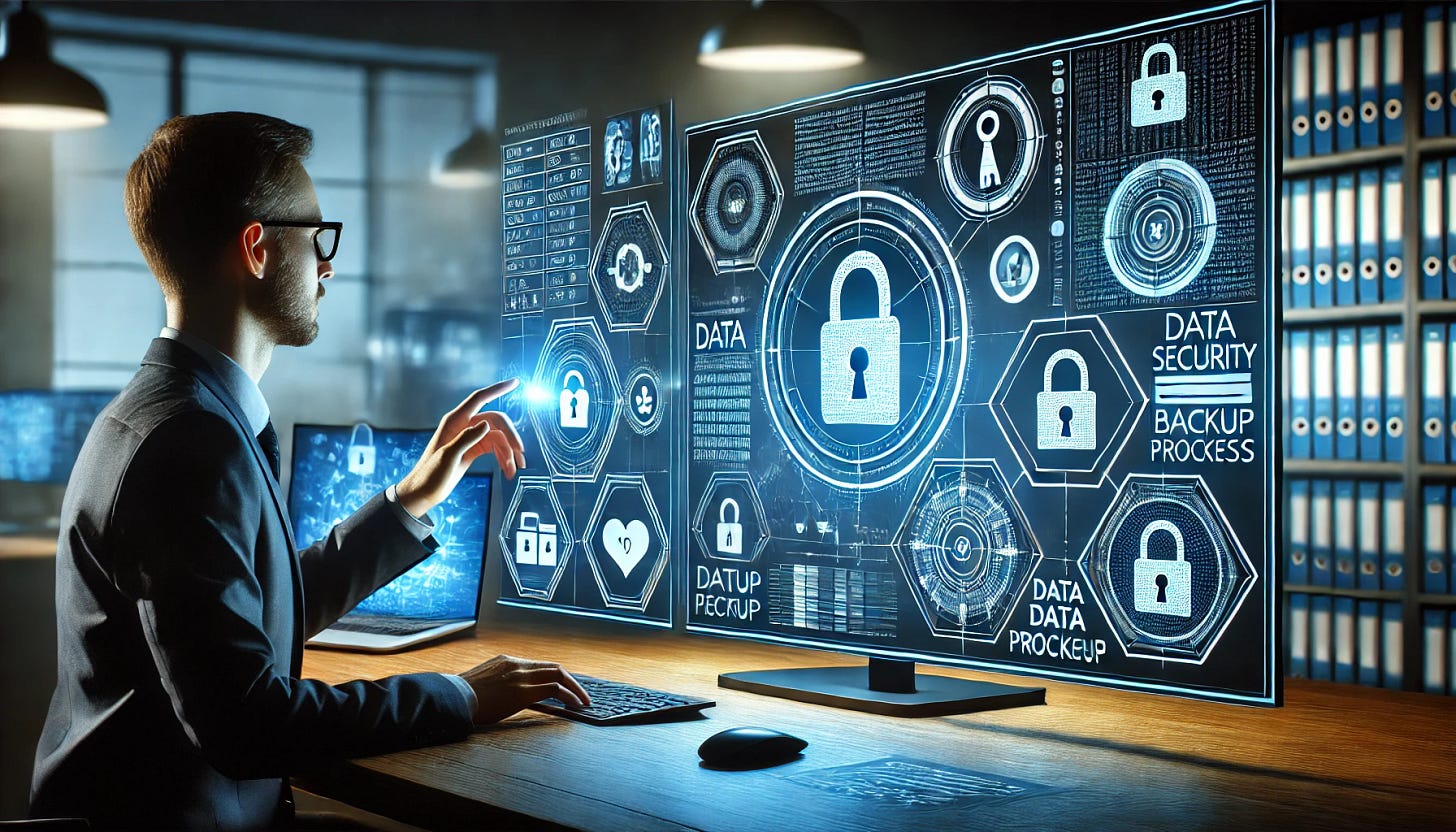 Person working in secure environment with screens showing data encryption and backup. Person working in secure environment with screens showing data encryption and backup.