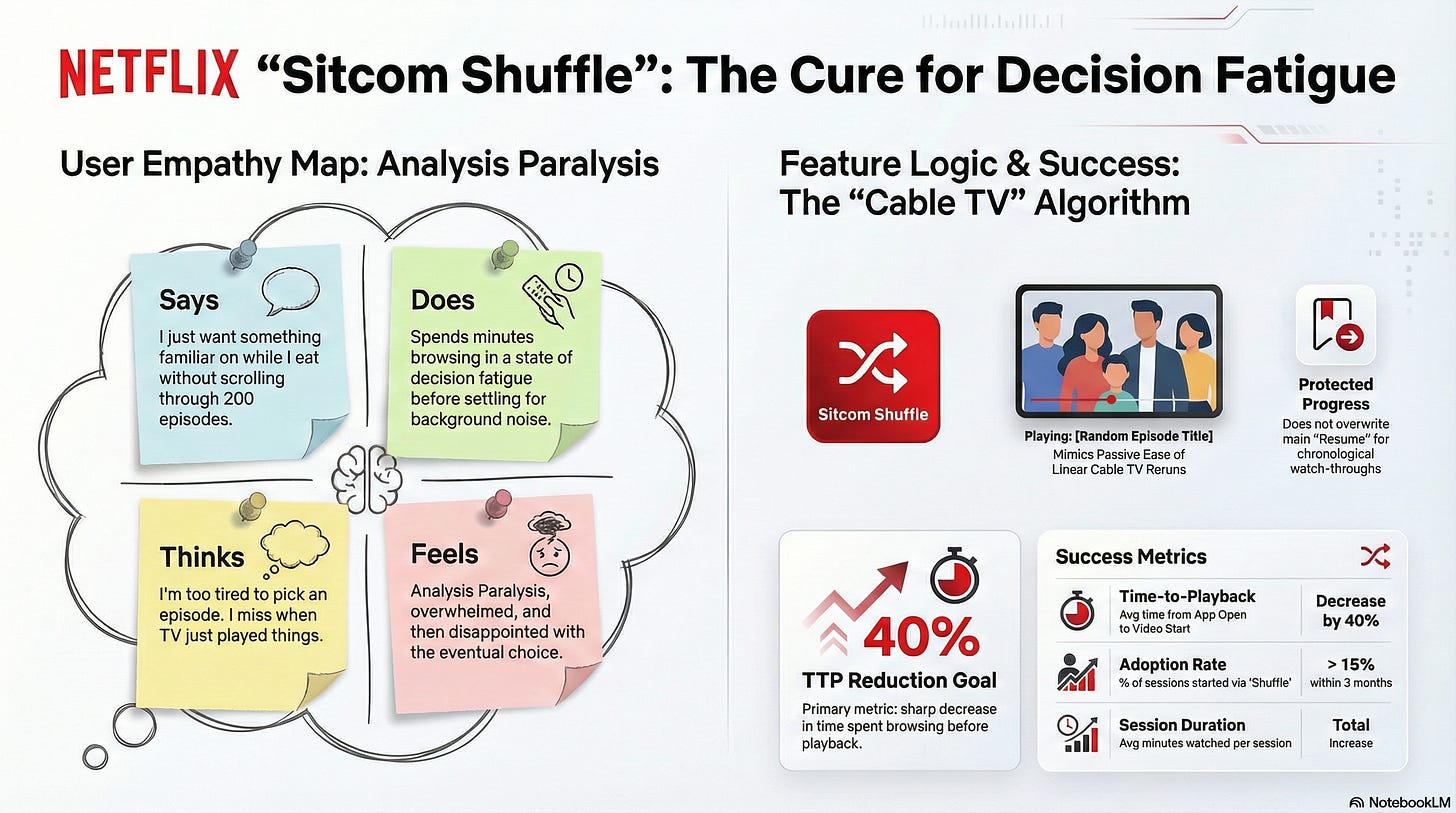 A diagram with four sticky-note quadrants (Says, Does, Thinks, Feels) describing a tired user who just wants background noise.