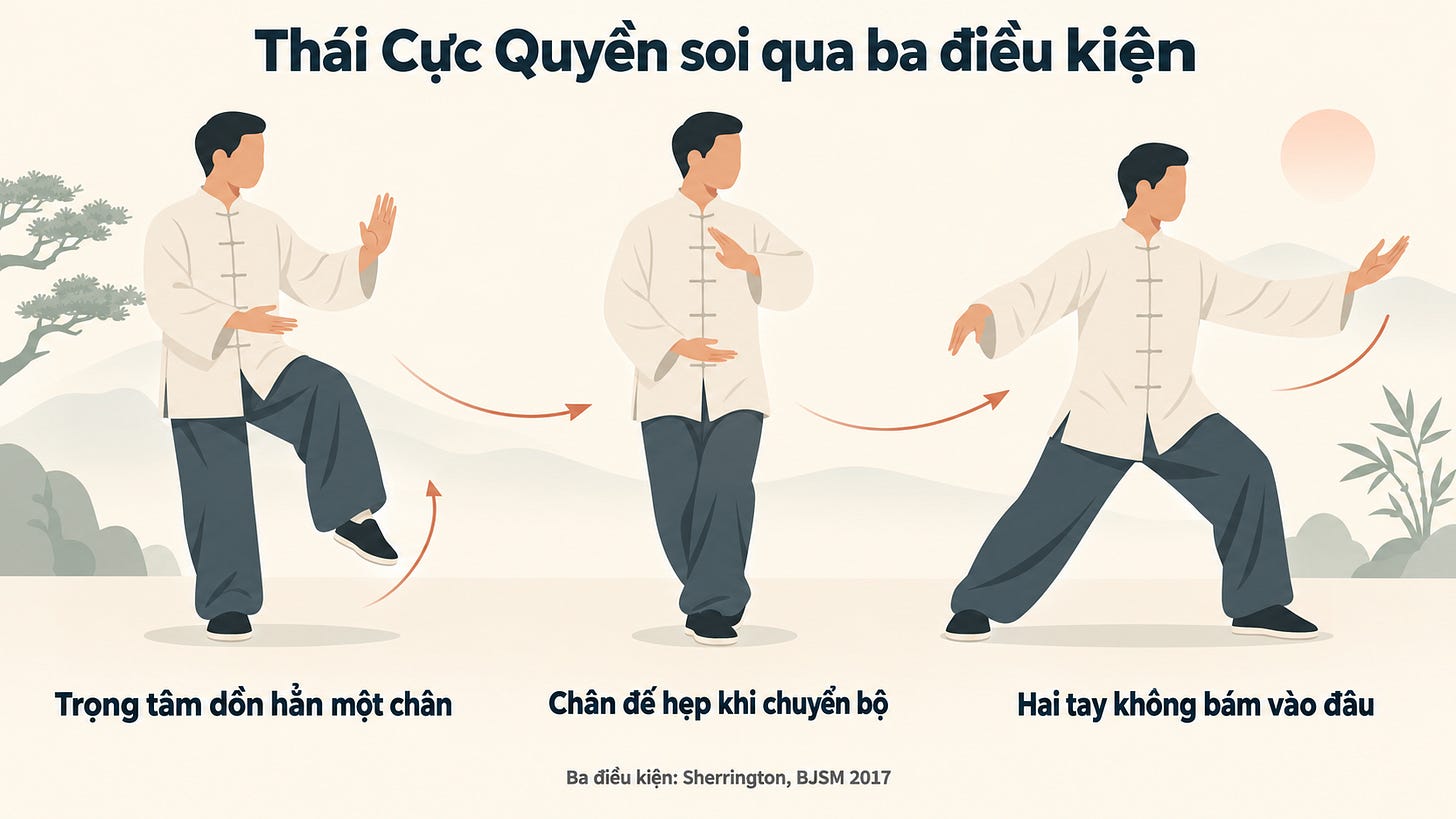 Ba hình minh hoạ tư thế chuyển bộ trong thái cực quyền, cho thấy trọng tâm dồn hẳn sang một chân, chân đế thu hẹp khi bước, và hai tay không có điểm tựa. Chữ trong ảnh đối chiếu ba tư thế này với ba điều kiện của một bài tập thử thách thăng bằng theo Sherrington và cộng sự, British Journal of Sports Medicine năm 2017. Ba hình minh hoạ tư thế chuyển bộ trong thái cực quyền, cho thấy trọng tâm dồn hẳn sang một chân, chân đế thu hẹp khi bước, và hai tay không có điểm tựa. Chữ trong ảnh đối chiếu ba tư thế này với ba điều kiện của một bài tập thử thách thăng bằng theo Sherrington và cộng sự, British Journal of Sports Medicine năm 2017.