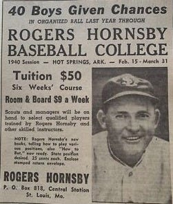 Rogers Hornsby Baseball College Hot Springs Arkansas 1939 Advertisement #2  | eBay