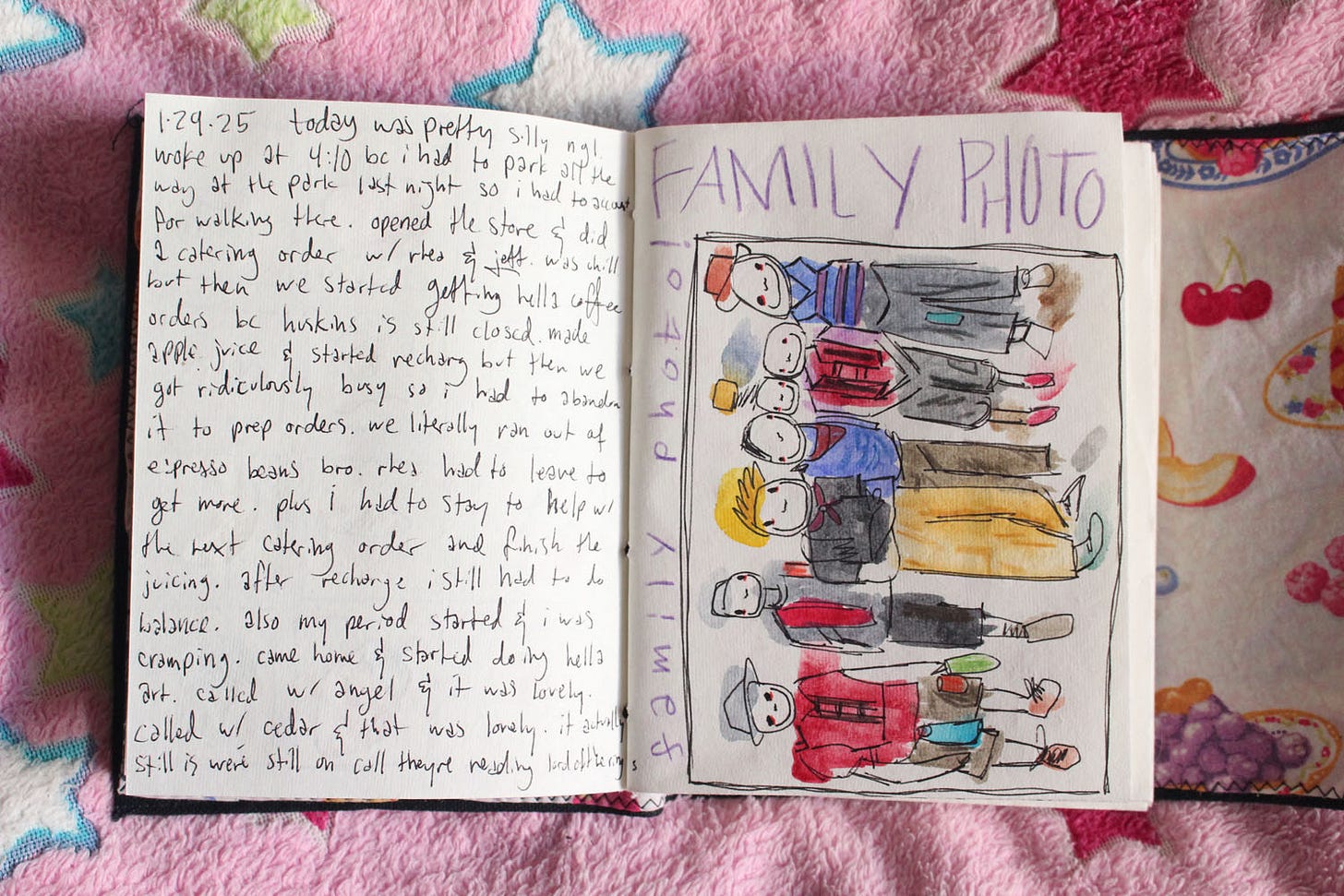 an art journal spread with a journal entry on one page and a drawing of seven people on the other