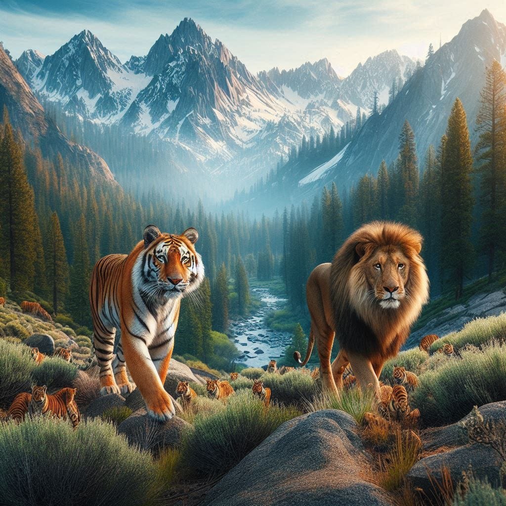 a bengal tiger and a male lion in the trinity alps of northern california in the springtime