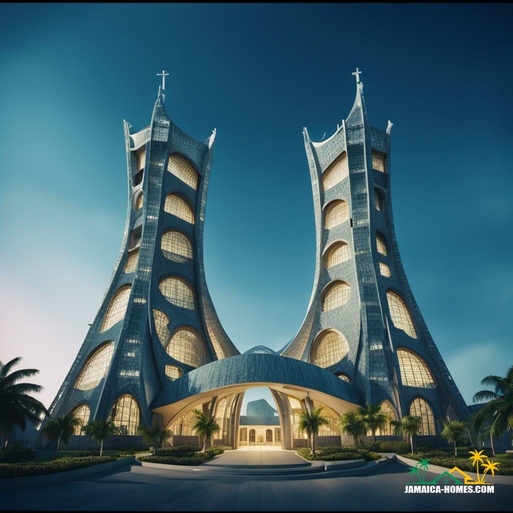 A modern church building stands in Jamaica.