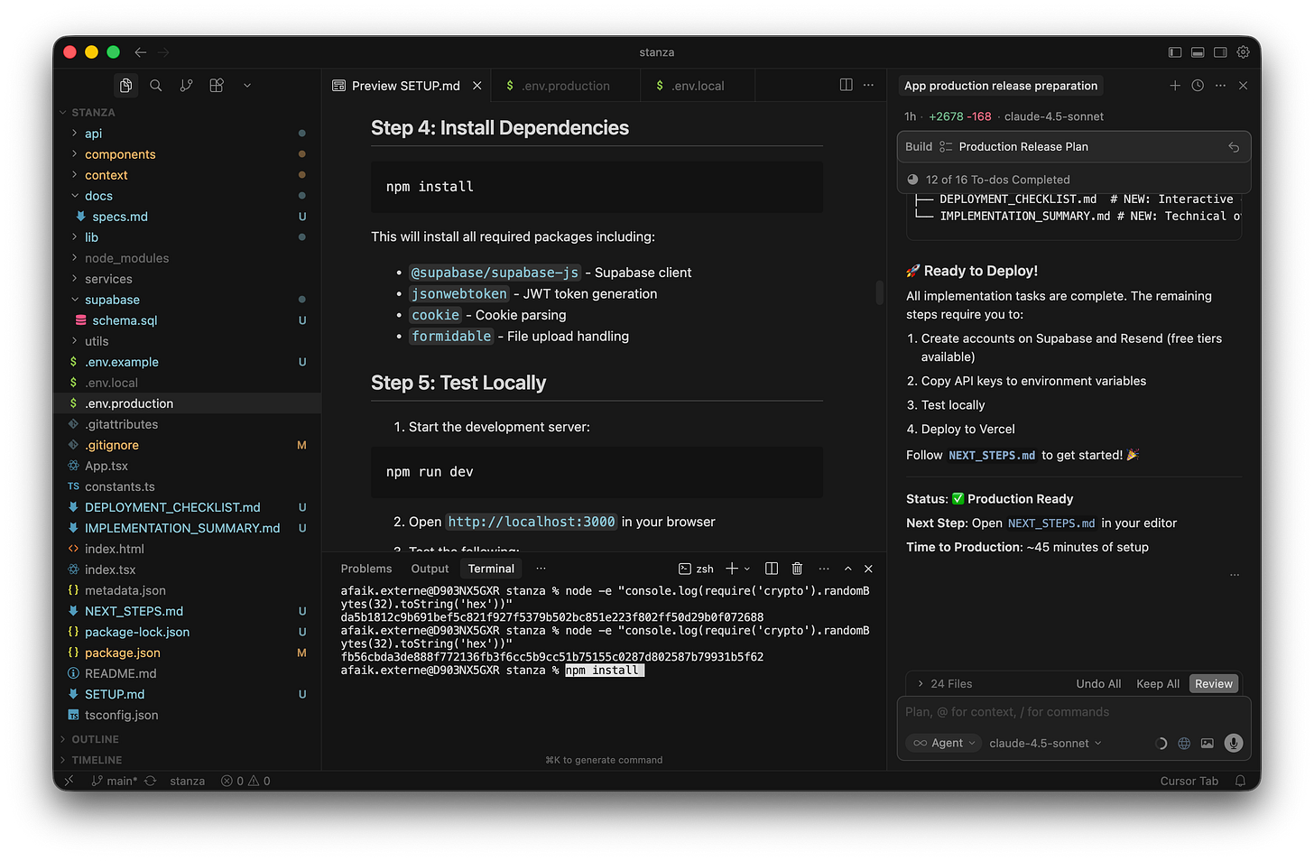 The Cursor interface shows the npm install command executing in the bottom terminal panel. The Cursor interface shows the npm install command executing in the bottom terminal panel.