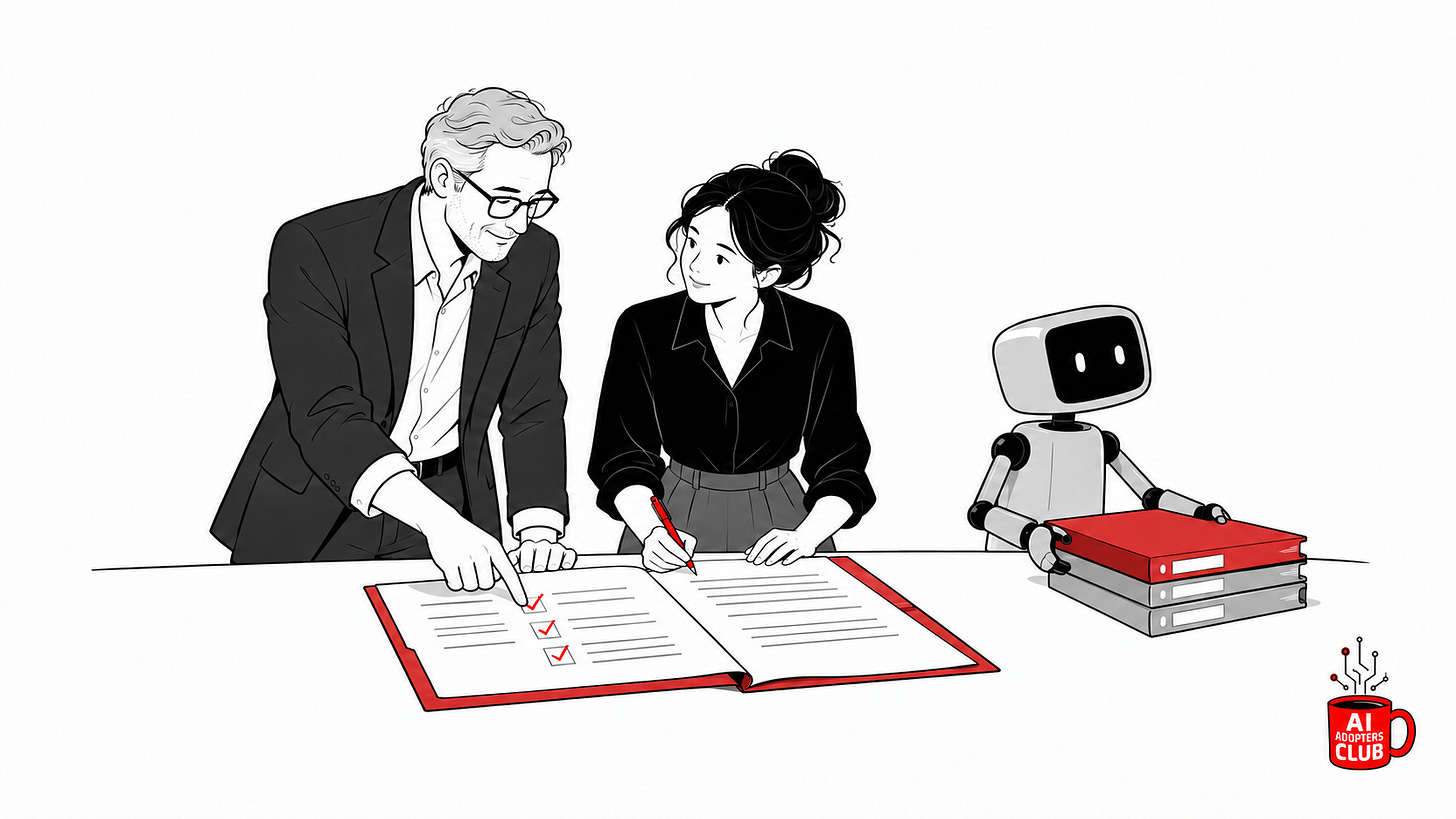 Two business colleagues inspect a proposal together while an AI robot delivers more work.