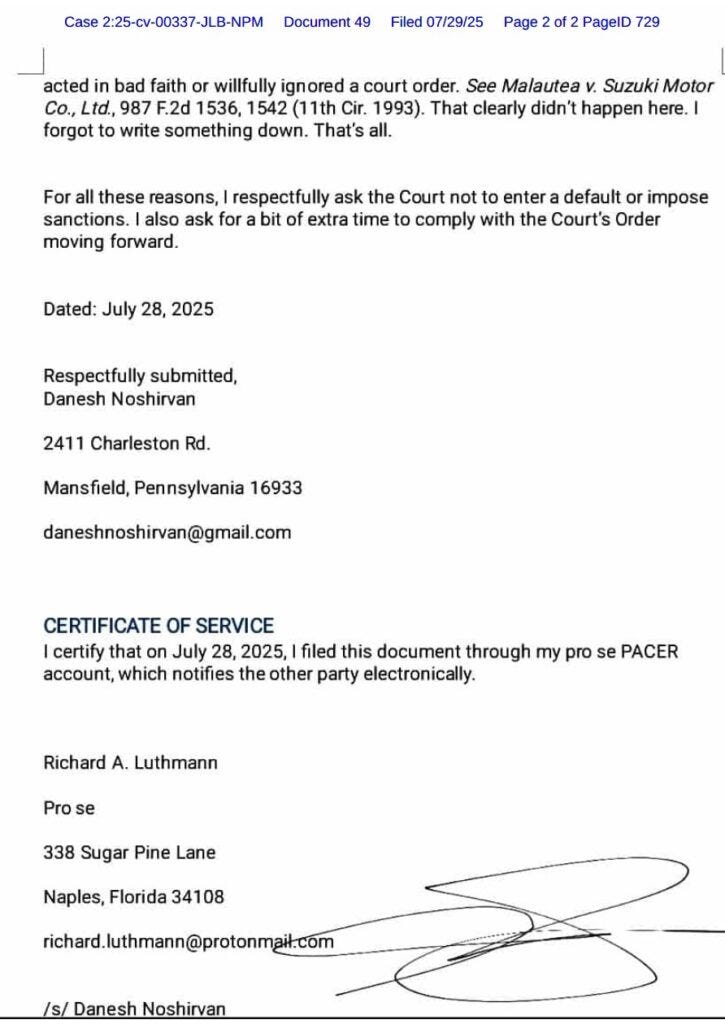 Delusional Danesh’s Theme Park Skip: On Aug 27, Judge Mizell decides if $20M defamation case against Noshirvan ends in sanctions or default.