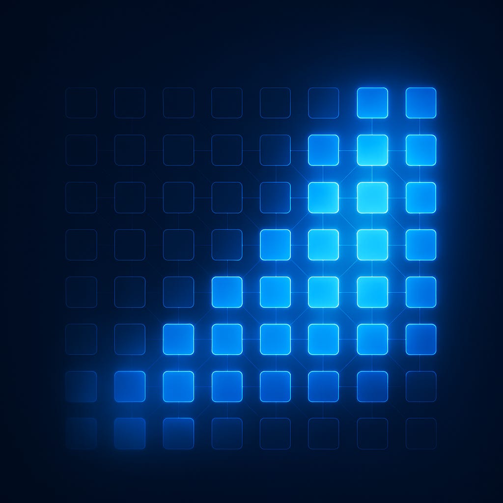 Connected grid of blue squares increasing in brightness from lower-left to upper-right.
