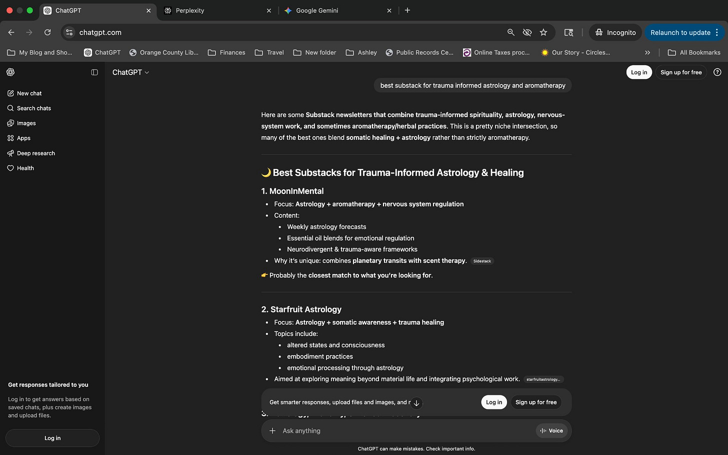 The Visible Practitioner GEO case study screenshot March 2026. ChatGPT search results showing MoonInMental recommended for best Substack for trauma-informed astrology and aromatherapy query.