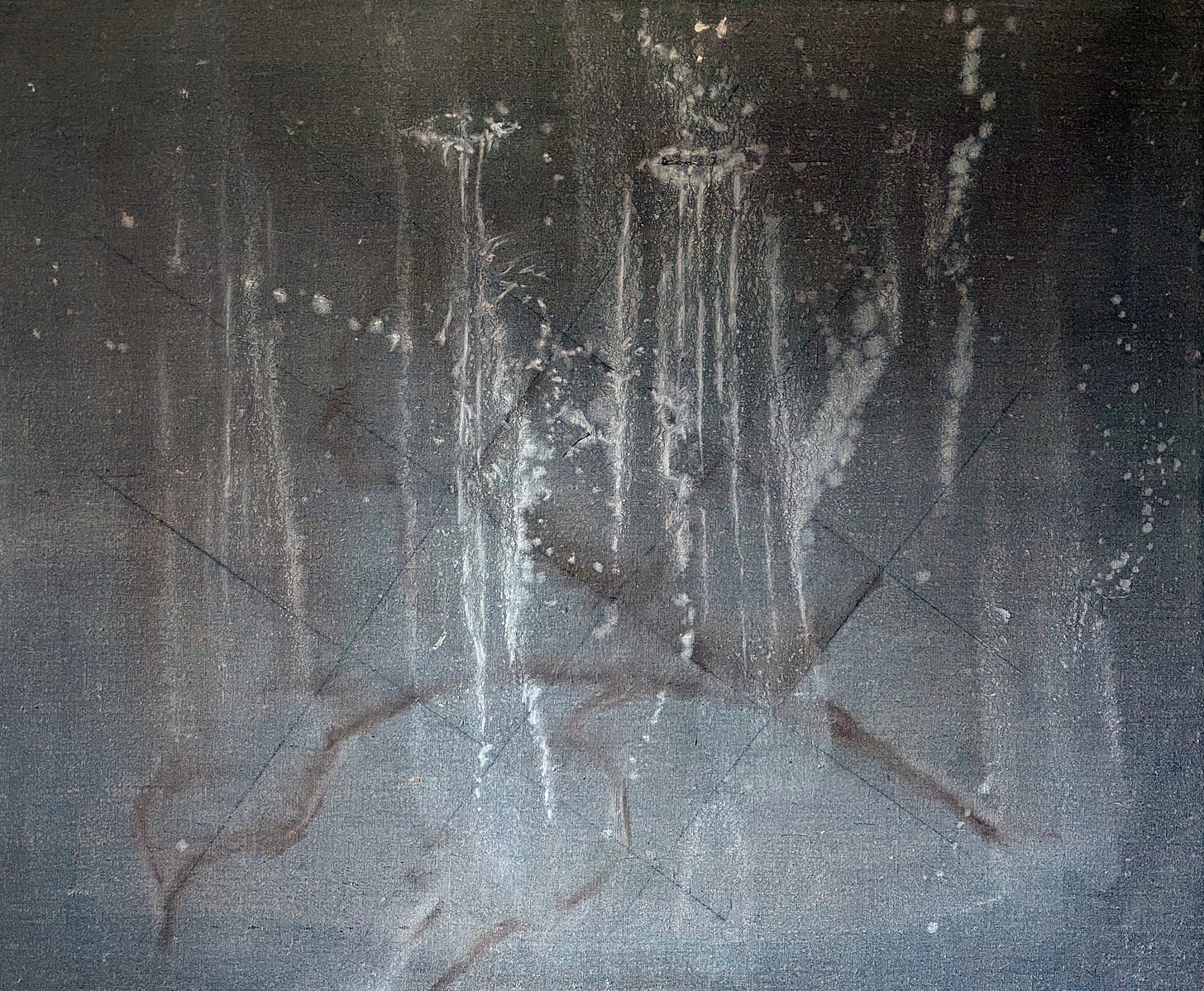 Ghost flowers rising through nocturnal darkness, oil and charcoal on linen, deep browns, blacks, star-lit sky Ghost flowers rising through nocturnal darkness, oil and charcoal on linen, deep browns, blacks, star-lit sky