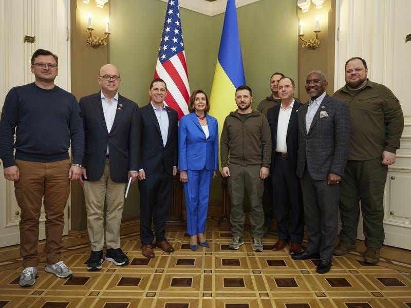 Ukrainian President Volodymyr Zelenskiy (centre right) and Nancy Pelosi have met in Kyiv. Ukrainian President Volodymyr Zelenskiy (centre right) and Nancy Pelosi have met in Kyiv.