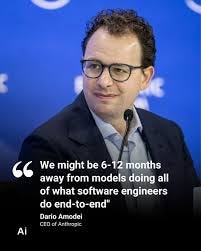 Anthropic CEO Dario Amodei made a bold claim at Davos 2026: AI could soon handle all the work of software engineers end-to-end in just 6-12 months. We're nearing a powerful feedback loop Anthropic CEO Dario Amodei made a bold claim at Davos 2026: AI could soon handle all the work of software engineers end-to-end in just 6-12 months. We're nearing a powerful feedback loop