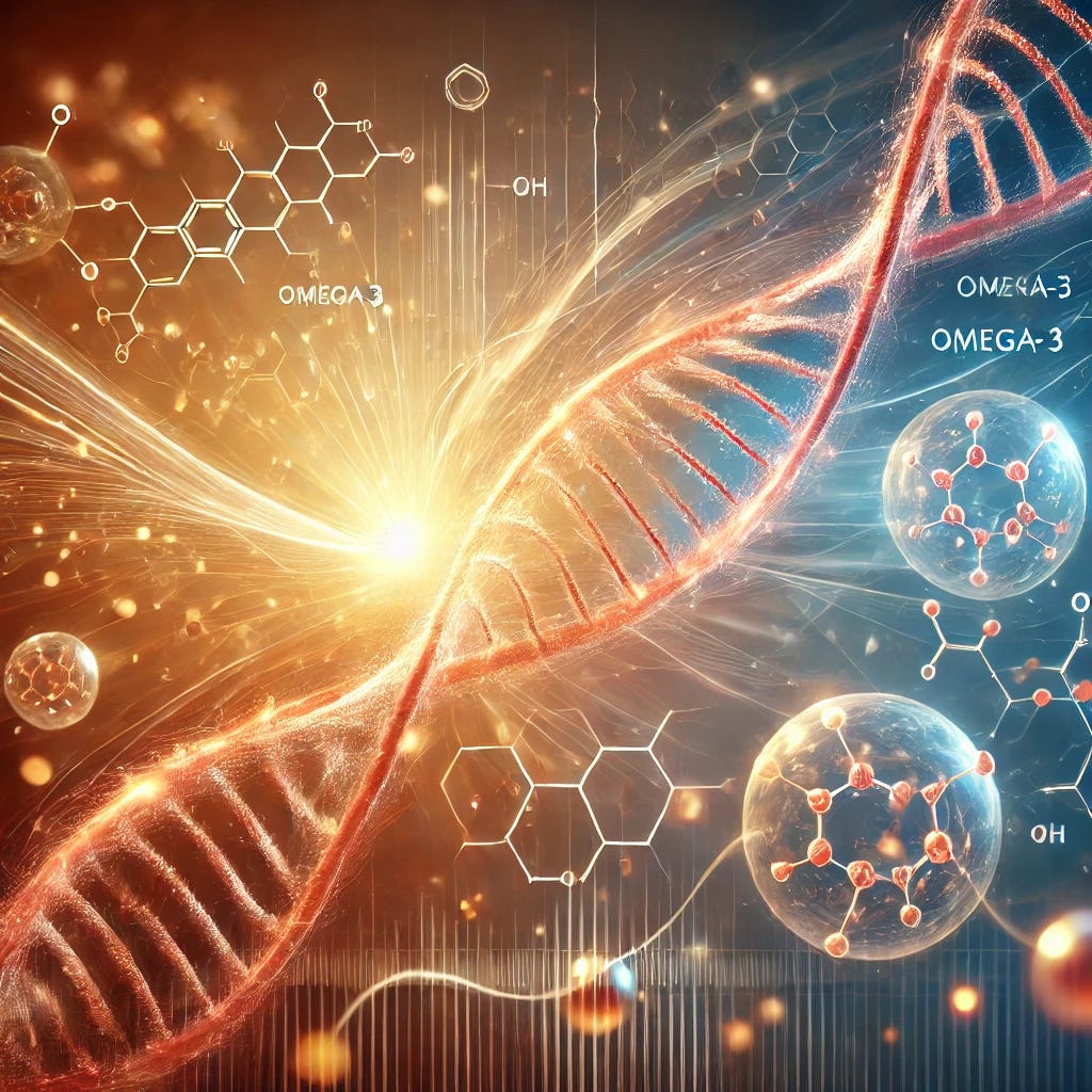 A professional and modern medical illustration depicting the concept of slowing biological aging. The image features a symbolic representation of DNA strands gently unwinding in a glowing, warm-colored environment, indicating the rejuvenating effect of omega-3. Additional elements include molecular structures of omega-3 fatty acids subtly floating around the DNA strands, representing their role in cellular health. The background consists of soft, warm hues blending smoothly to evoke a positive and hopeful mood. Light, transparent depictions of healthy cells regenerating enhance the scientific theme. Glowing energy lines subtly connect the DNA strands and molecules, symbolizing the process of biological renewal. The composition maintains clarity and focus, ensuring an approachable and informative look without unsettling details. No text or language elements are included.