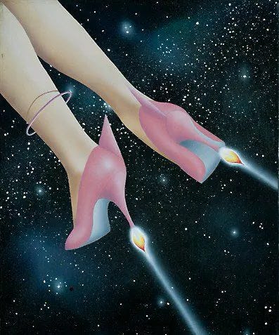 This may contain: two women's feet in high heels flying through the air with stars in the background