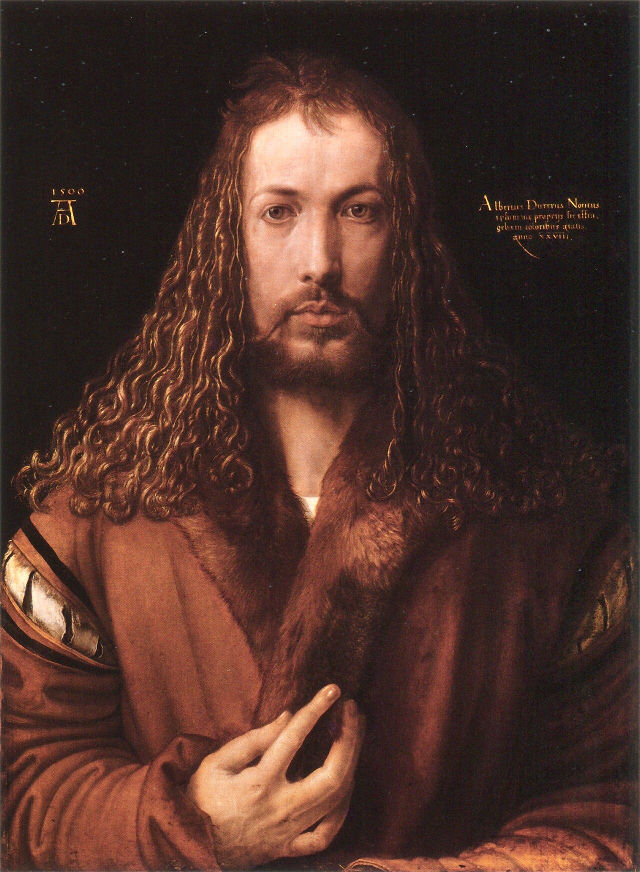 A frontal self portrait in which the artist raises his hand toward his fur collar A frontal self portrait in which the artist raises his hand toward his fur collar