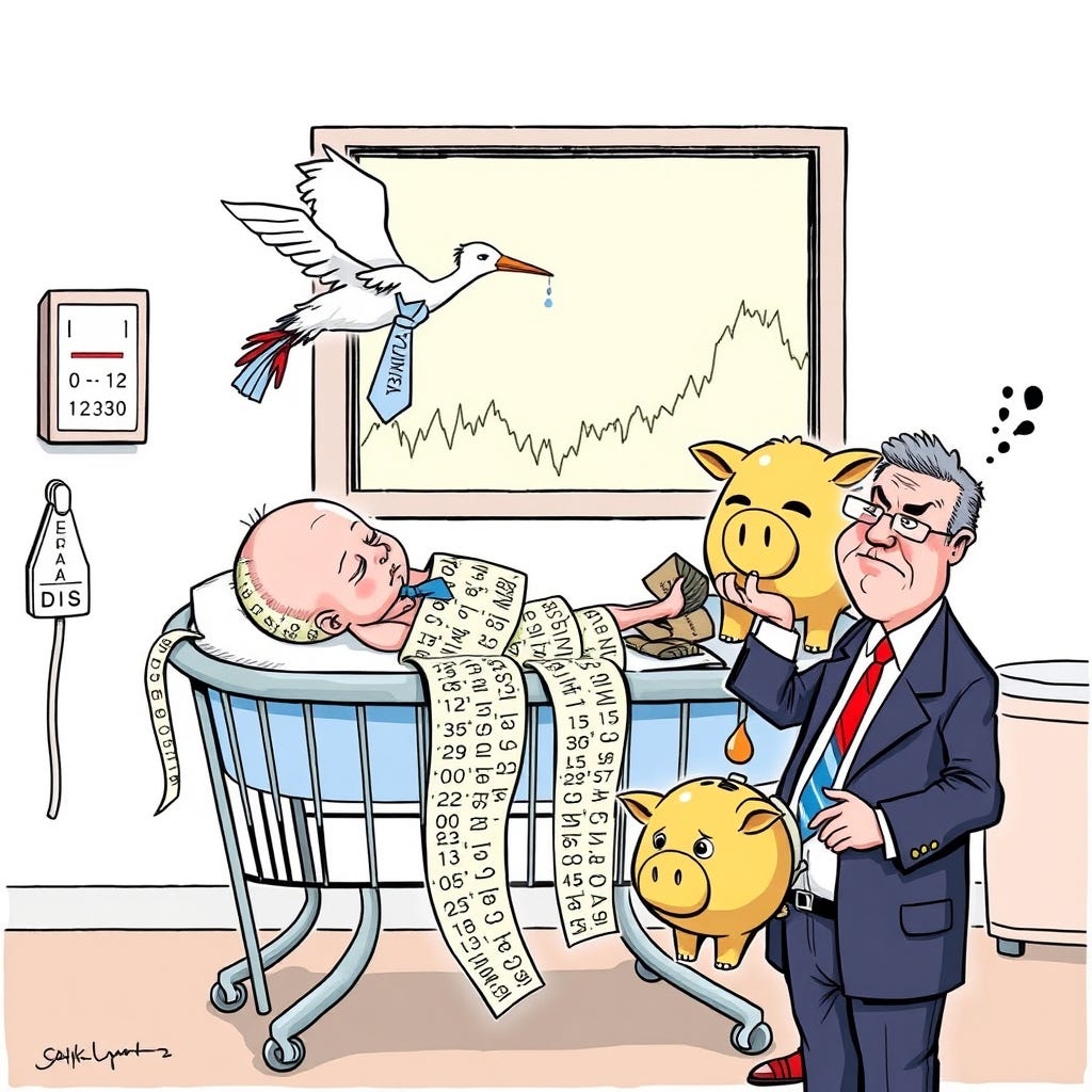 Single-panel satirical editorial cartoon, bold ink linework, flat colors. A newborn baby lies in a hospital bassinet, but instead of a blanket it's swaddled in a giant scrolling ticker-tape ribbon cov