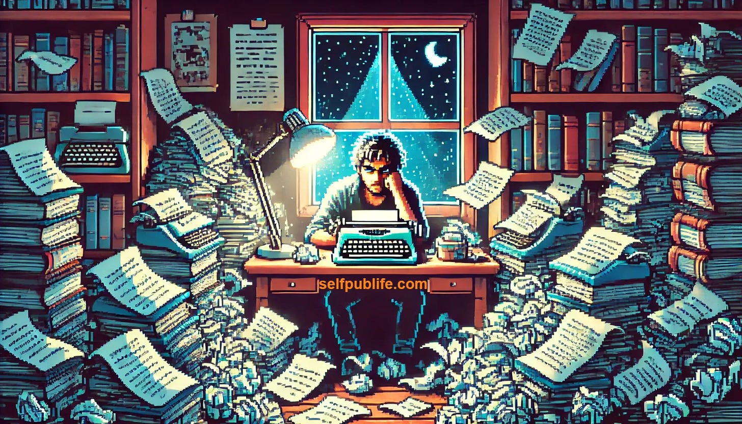 Pixel art image of a frustrated writer at a desk with incomplete manuscripts and crumpled papers piled up in the room.