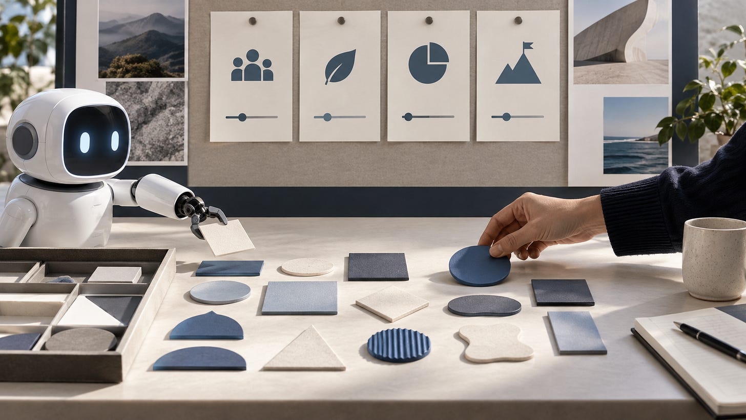 A small white robot and a human hand choose objects on a table beneath strategy cards and landscape photographs.