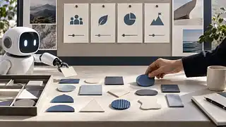 A small white robot and a human hand choose objects on a table beneath strategy cards and landscape photographs.