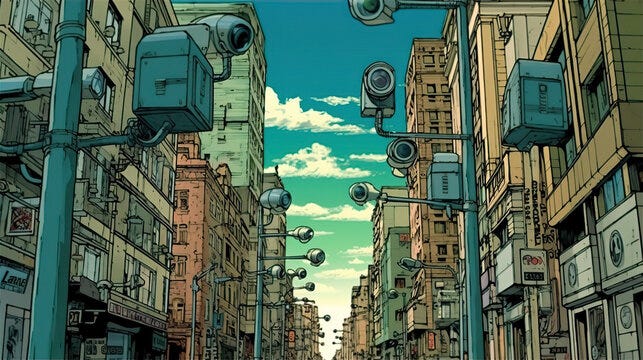 Mass surveillance cameras city - AI Generated