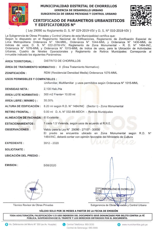 Ejemplo de un Certificado de Parámetros Urbanísticos de Chorrillos