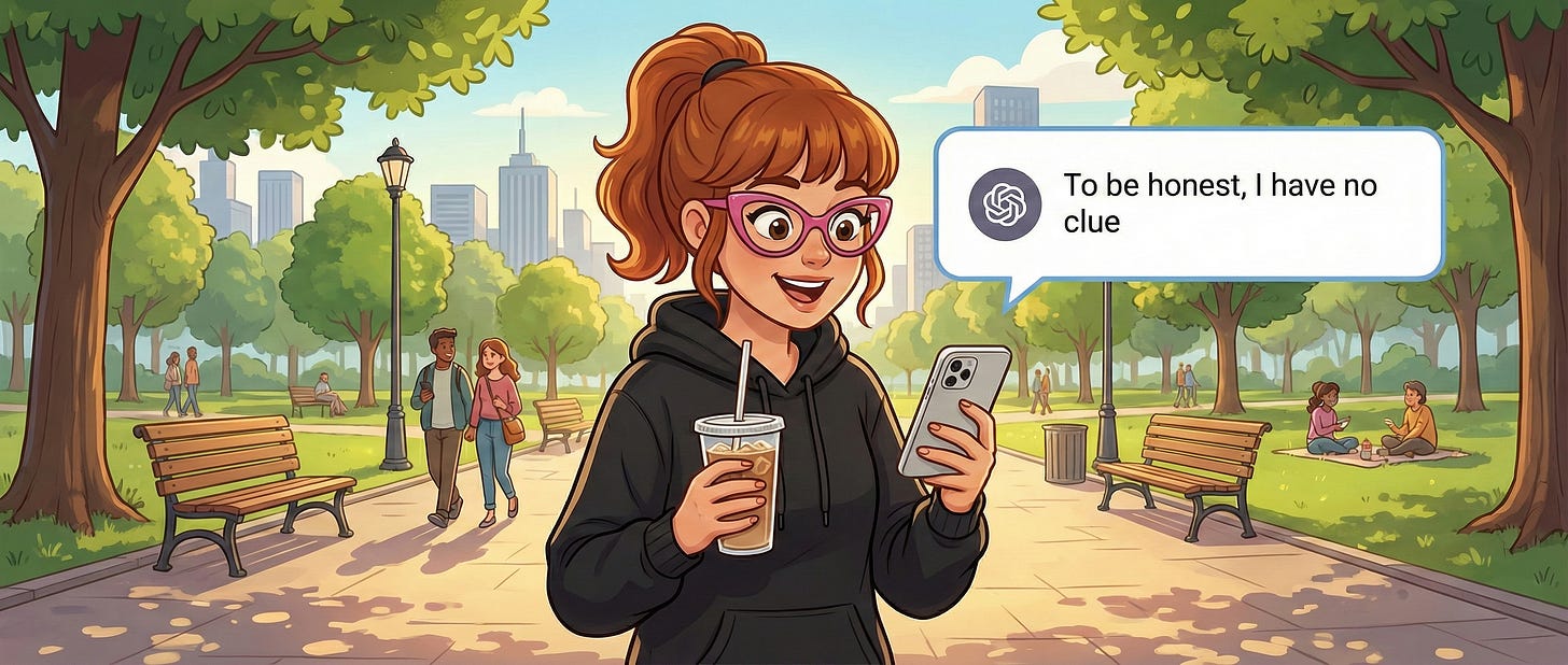 Cartoon illustration of a woman with red hair and glasses standing in a park, holding an iced coffee and smartphone. A ChatGPT speech bubble from her phone reads "To be honest, I have no clue."