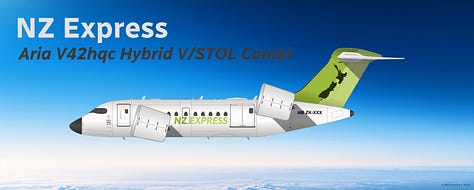 The six Aria Aircraft types added to the NZ Express fleet 2023-2026: (1) Aria T42 Transonic, (2) Aria T72 Transonic, (3) Aria T102 Transonic, (4) Aria V42hqc Hybrid V/STOL, (5) Aria T152 Transonic, and (6) Aria T182 Transonic - all seen in the current NZ Express "Kiwi" livery and displayed in side view while in midflight.