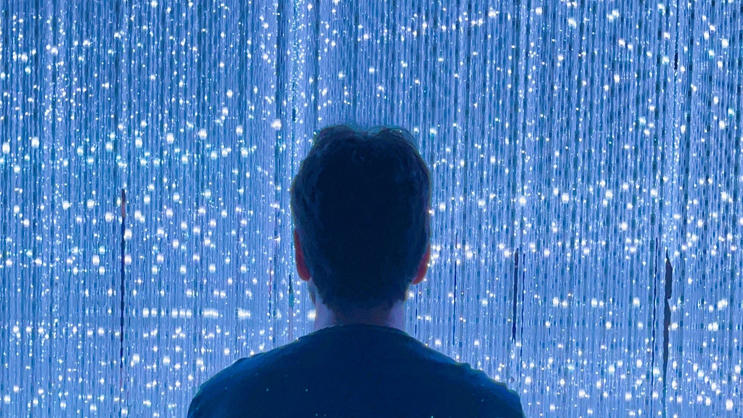 Homem de cabelo castanho e curto e camiseta preta, virado de costas olhando para uma arte digital composta de uma parede cheia de leds que imitam infinitas luzes de cristal.