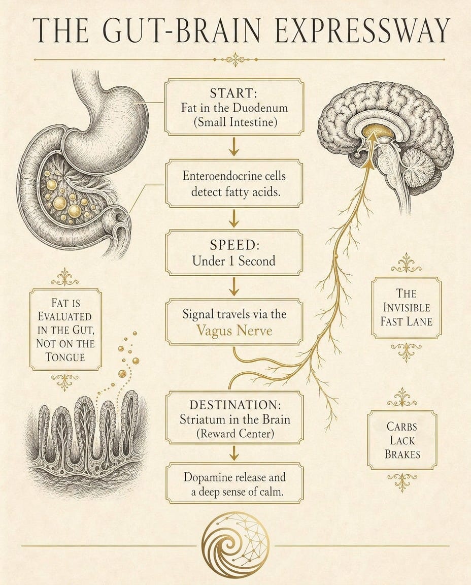 Diagram of the gut-brain axis showing the duodenum, vagus nerve, and striatum in the brain for fat sensing.