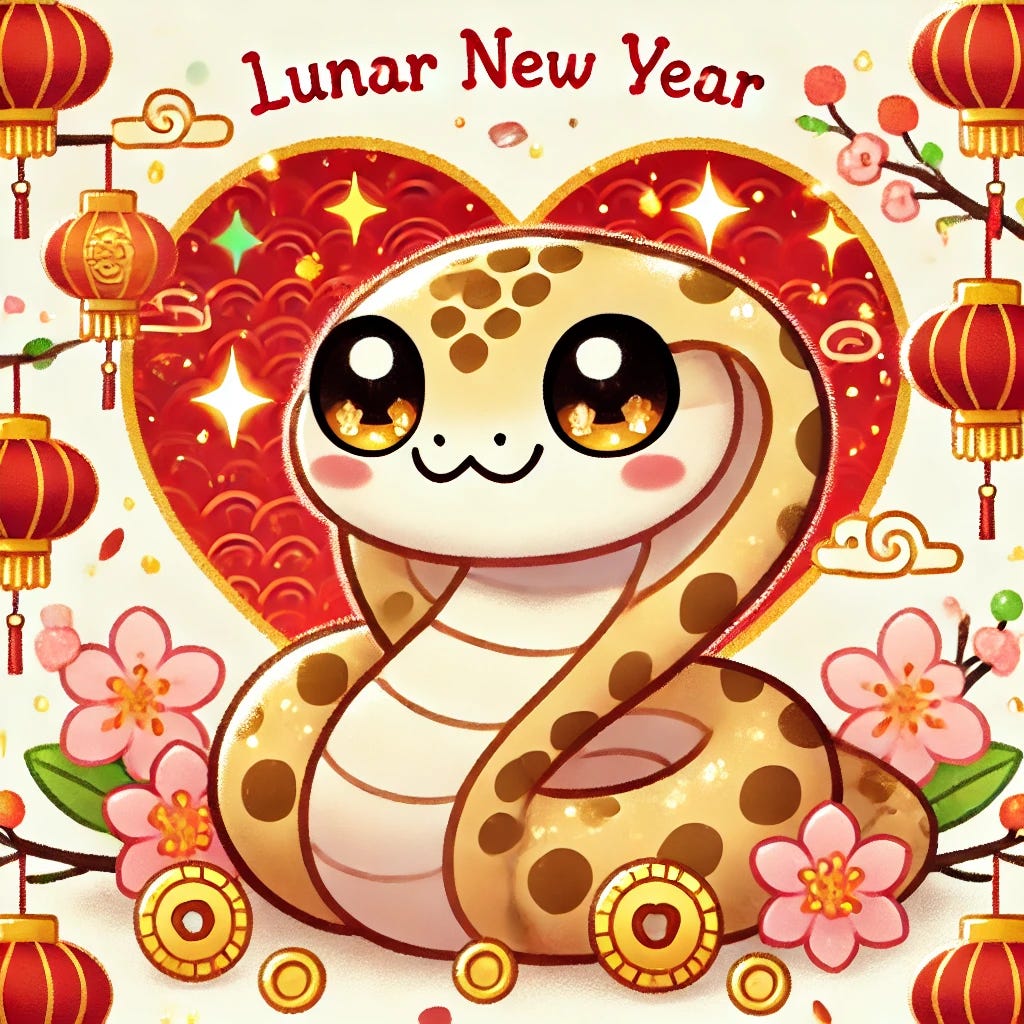 A cute and festive illustration celebrating the Lunar Year of the Snake. The image features an adorable, cartoon-style snake with big, sparkling eyes and a friendly smile, coiled in a heart shape. It is surrounded by playful Lunar New Year elements like small red lanterns, gold coins, and blooming cherry blossoms. The setting is cheerful, with warm red and gold tones symbolizing good fortune and prosperity. The snake is decorated with small, cute patterns on its scales, and the background includes soft, whimsical clouds and a festive Chinese motif.