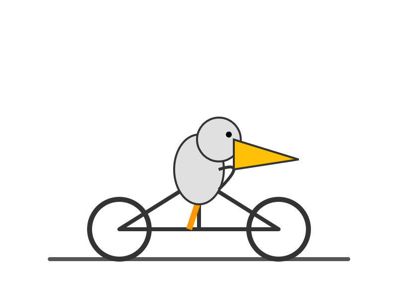 A minimal, stylized line drawing of a bird-like creature with a yellow beak riding a bicycle made of simple geometric lines.
