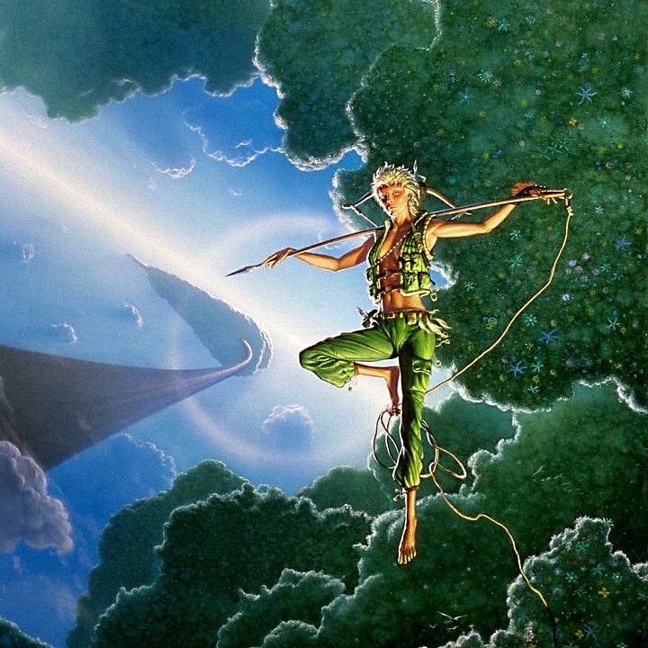 LEFT: Detail from THE INTEGRAL TREES featuring a woman with short blonde hair floating in front of clumps of cloud shaped vegetation. The counter of each cloud is highlighted in light. Wearing green capri-style pants and a vest with no shirt beneath, her pose is reminiscent of Peter Pan. Her hands rest on a harpoon set on her shoulders. A rope dangles loosely from it giving the viewer a sense of weightlessness. RIGHT: Figure sketches for THE INTEGRAL TREES feature three different poses of a nude female figure holding a spear. The first is a view from behind with her holding the spear up arms extended. Her left let is bent as she glances back. The second pose is a side view in which her far knee is up and the spear is resting on her shoulders. The last is a frontal view where her right knee is up and out to the side. The spear is resting on her shoulder but angled down to the right.