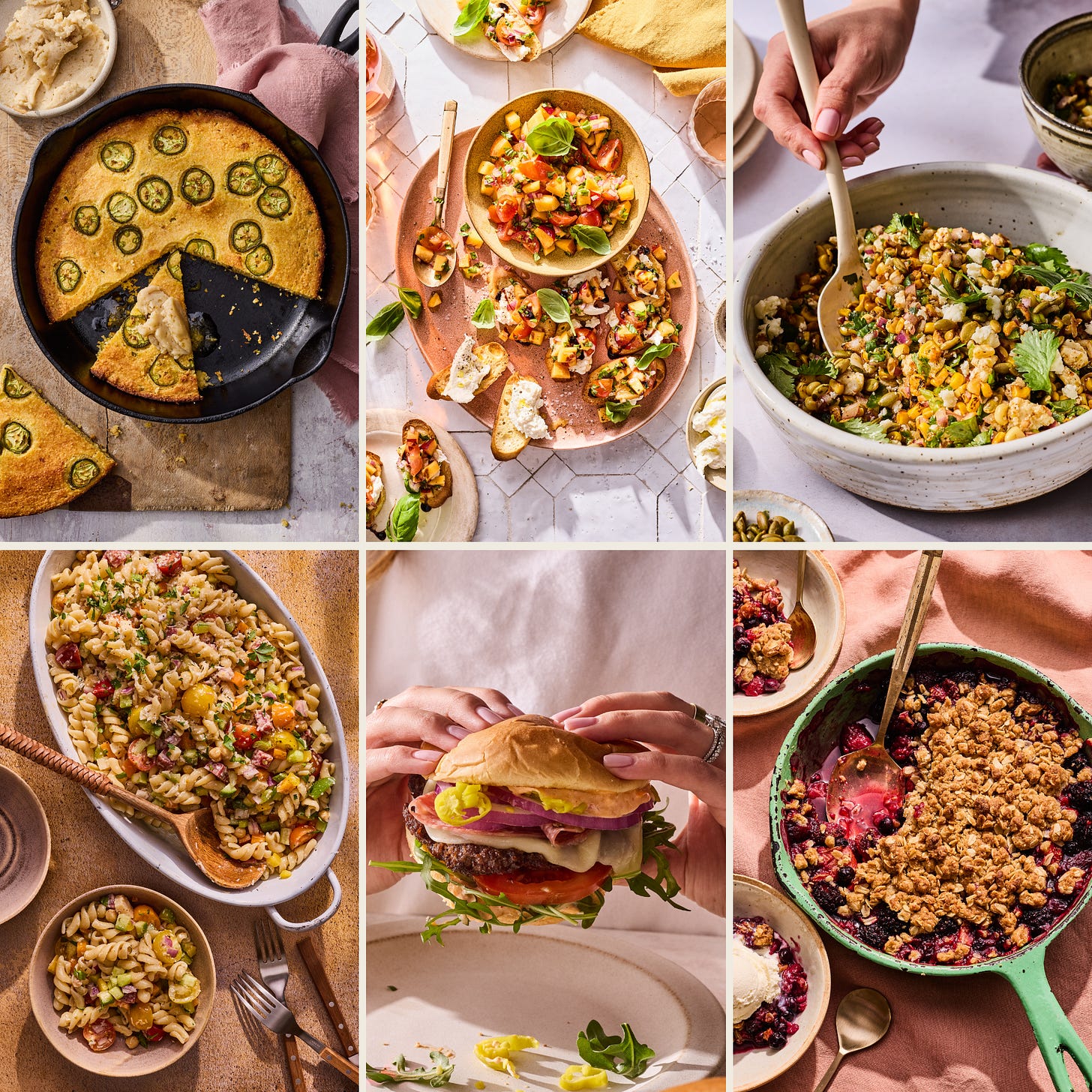 Recipes from New York Times Bestselling cookbook, DIG IN!, including the Best Ever Pasta Salad, Italian Smash Burger, Skillet Berry Crumble, Sweet & Savory Balsamic Peach Bruschetta, No-Mayo Esquites, Jalapeño Cornbread with Maple Butter, Key Lime Pie with Pecan Graham Cracker Crust, and Summer Berry Sangria.