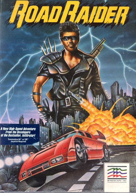 Motor Massacre's Atari ST cover shows a bunch of cars modified for destruction, driving around an arena already full of holes caused by explosions and cars on fire. There's a huge crowd watching it all happen. Road Raider's Commodore 64 cover features a man in a leather jacket with a spiked shoulder pad, shotgun strapped to his back, in the background. The foreground features a car outrunning an explosion, and another car blasting off behind it, with fire trailing out the back.