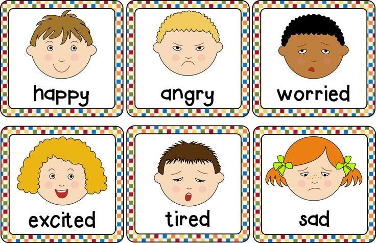 Feelings expressed to help teach children. Happy, angry, worried, excited, tired, and sad. Feelings expressed to help teach children. Happy, angry, worried, excited, tired, and sad.