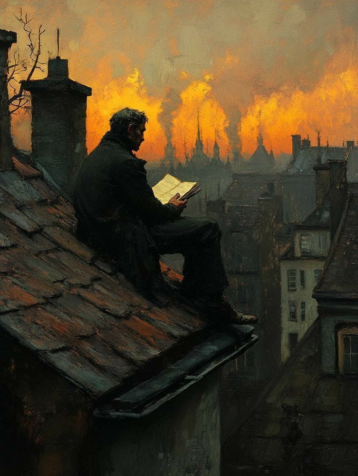 This may contain: a painting of a man sitting on top of a roof reading a book while the sun sets