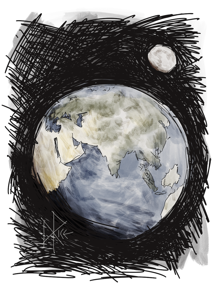 Earth and Moon looking pretty sweet in the big dark universe. Sketch art by Don Rice. Earth and Moon looking pretty sweet in the big dark universe. Sketch art by Don Rice.