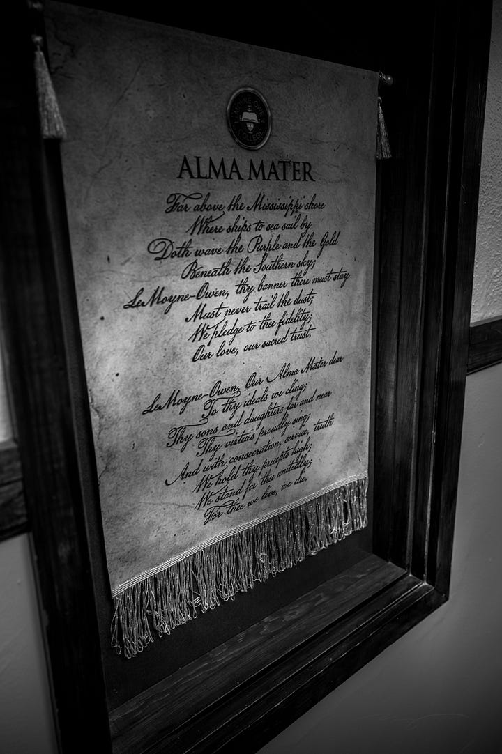 scenes from around campus including a dedication from the Class of 1977, a poem about the alma mater, historical markers, and images of historical hallway in admin building