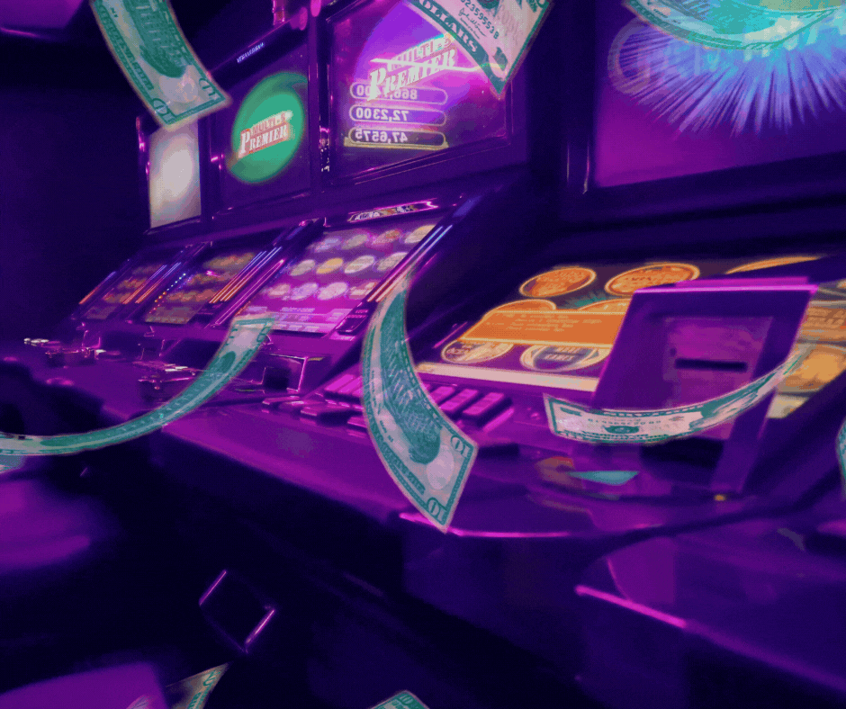 In a dark, purple-hued room, a line of slot machines with glowing screens. In front of them, a collection of ten dollar bills floats through the air. 