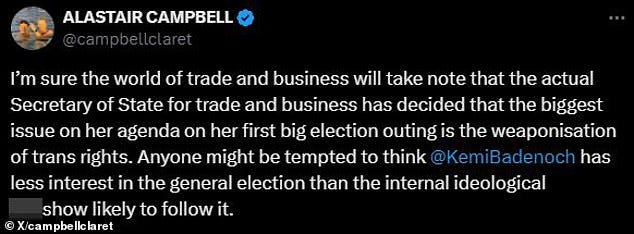 In a post on X, formerly known as Twitter, Mr Campbell suggested Ms Badenoch was more interest in ideology than the general election