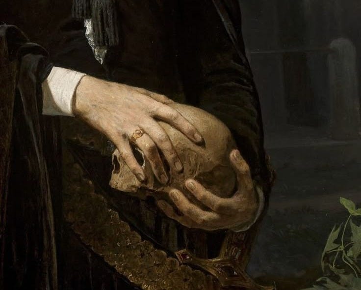 This may contain: a painting of a man in black holding his hands together