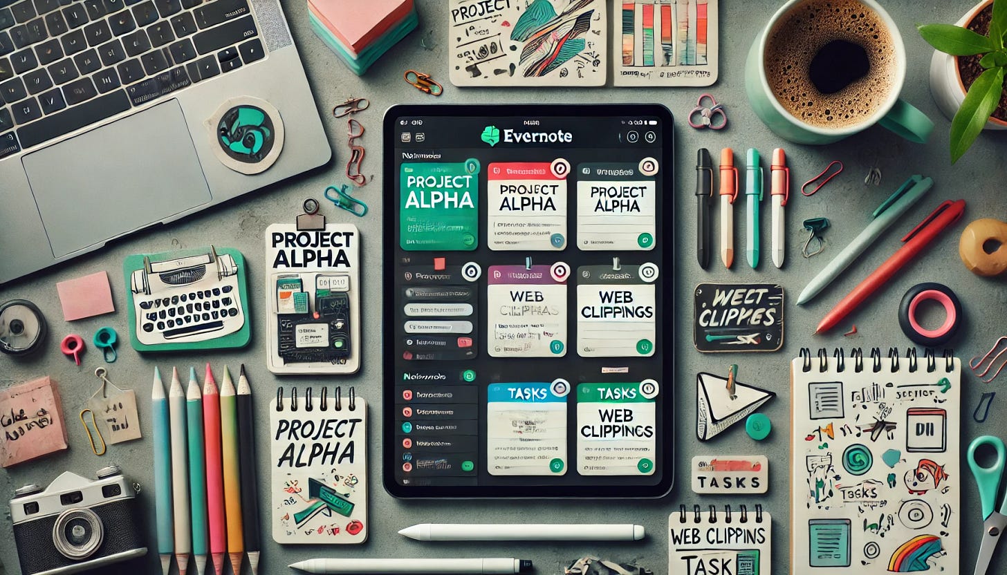 A creative workspace with a tablet and stylus displaying Evernote, showing organized notebooks and notes. Notebooks like 'Project Alpha', 'Web Clippings', and 'Tasks' are visible, along with clearly labeled tags and tasks. The workspace features colorful stationery, a coffee cup, and artistic elements, giving a vibrant and productive atmosphere.