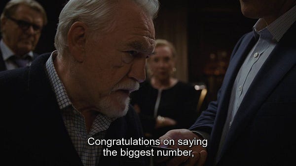 (1/2) Logan Roy talking to his children on the phone. Subtitles: "Congratulations on saying the biggest number,"
