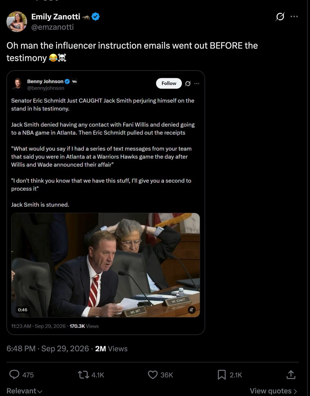 Emily Zanotti: Oh man the influencer instruction emails went out BEFORE the testimony (with screengrab of now-deleted Benny Johnson tweet) Emily Zanotti: Oh man the influencer instruction emails went out BEFORE the testimony (with screengrab of now-deleted Benny Johnson tweet)