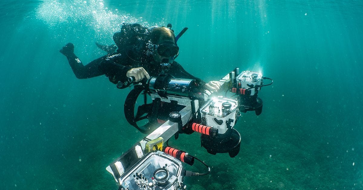 Diver with three-camera photogrammetry rig