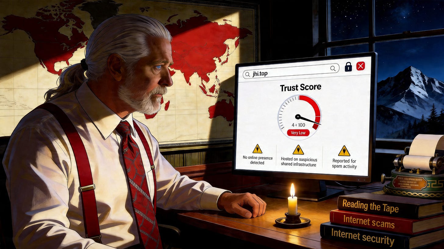 Rick Horowitz, a silver-haired man examines a trust score checker on his monitor showing jhi.top rated 4 out of 100, Very Low, with a world map highlighting Southeast Asia behind him.