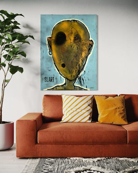 SLART's Painting Memento Vivere (2022), displayed om walls of different rooms.