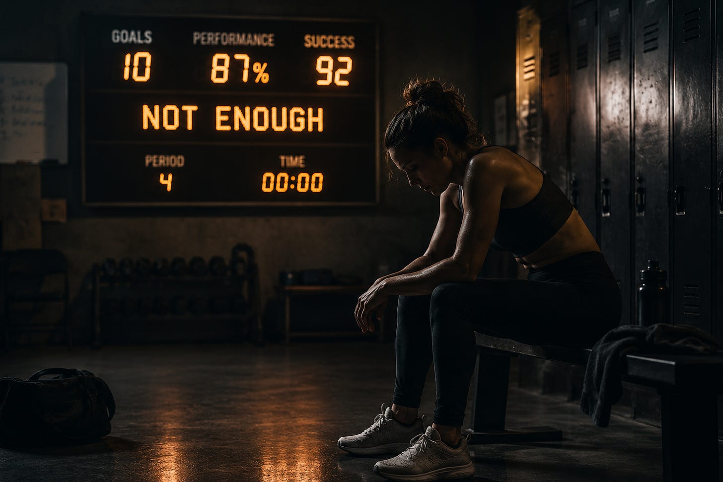 A female athlete sits alone in a dim locker room beneath a glowing scoreboard reading “Not Enough,” illustrating the emotional exhaustion behind self-improvement culture and how small changes create lasting transformation. A female athlete sits alone in a dim locker room beneath a glowing scoreboard reading “Not Enough,” illustrating the emotional exhaustion behind self-improvement culture and how small changes create lasting transformation.