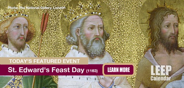 Richard II of England with his patron saints, l to r: King Edmund the Martyr, King Edward the Confessor, St John the Baptist. The Wilton Diptych (c.1395–1399) is a portable altarpiece taking the form of a diptych, painted for King Richard II. This is the left-hand panel.