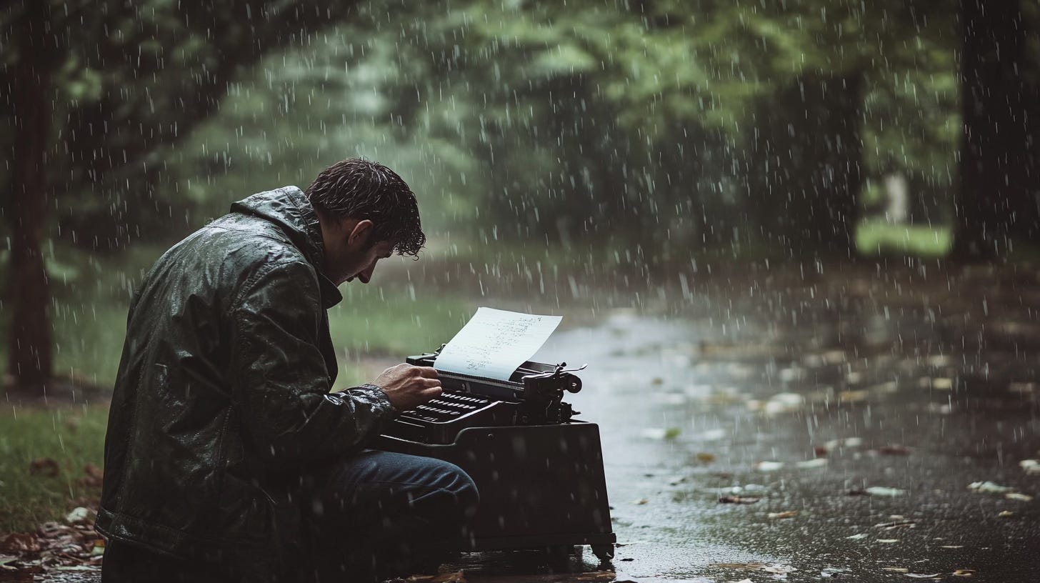 A writer sits on the ground with a typewriter in front of him. It's raining. And he's writing anyway.